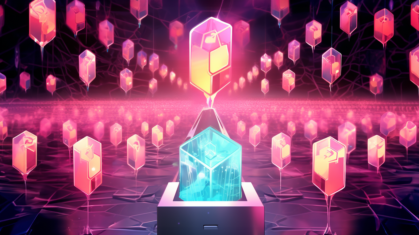 Abstract Blocks with strings, overall color is pink, black with a blue box in the middle simulating blockchain voting