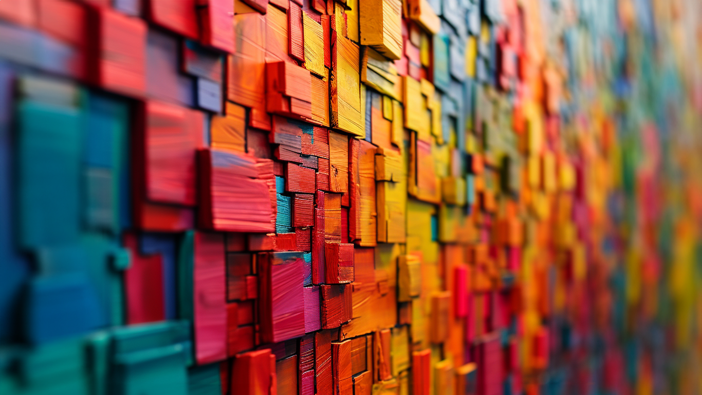An abstract multi-color side view of a wall of multi-shaped squares and rectangles