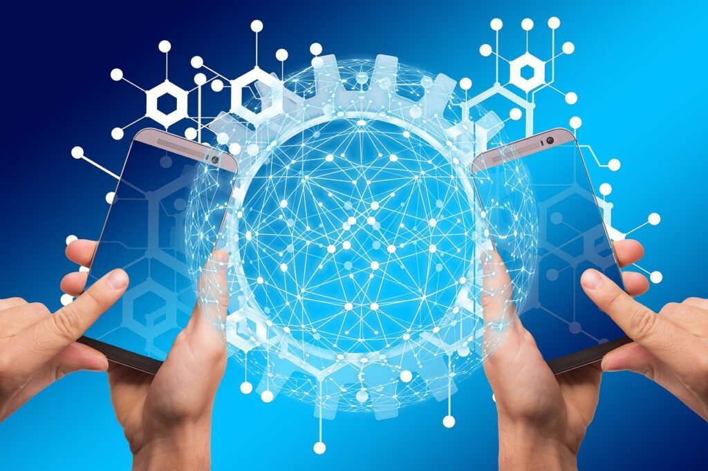 Two people holding smartphones with a globe of interconnected links on a blue background simulating blockchain voting
