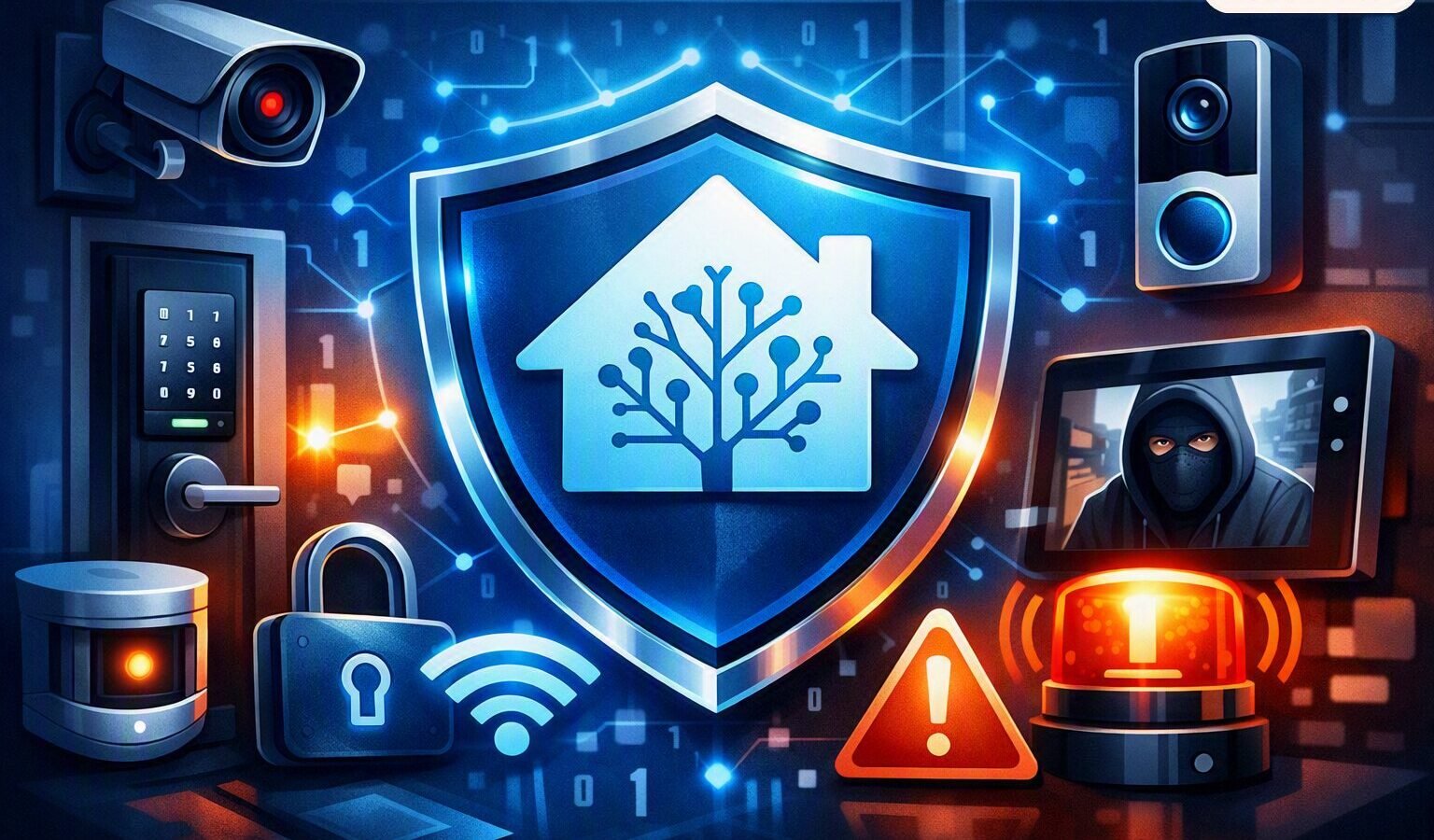 Illustration of a smart home protected by a cybersecurity shield while cameras, locks, sensors, and a masked attacker surround it.