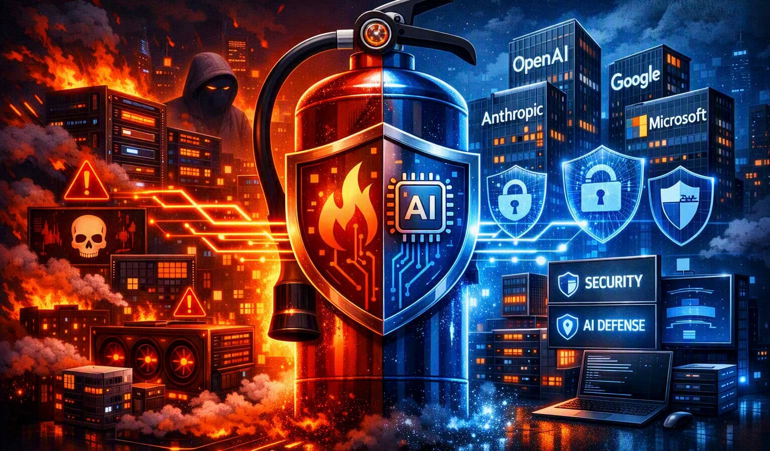 Split-scene illustration of AI companies, cyberattack flames, and a shield-shaped AI security extinguisher.