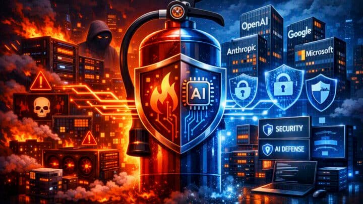 Split-scene illustration of AI companies, cyberattack flames, and a shield-shaped AI security extinguisher.